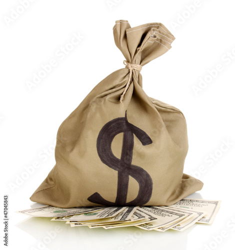 Photo: Bag with money isolated on white Bag with money isolated on white