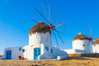 Windmills closeup with deep blue sky in Mykonos island cyclades