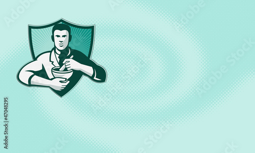 Illustration: Pharmacist Chemist Mixing Mortar Pestle Shield Pharmacist Chemist Mixing Mortar Pestle Shield