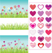 set of grass, flowers, hearts