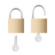 Locked and unlocked gold locks with keys isolated on white