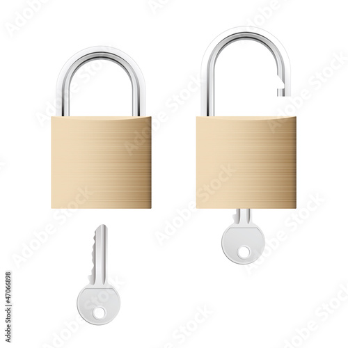 Vector: Locked and unlocked gold locks with keys isolated on white Locked and unlocked gold locks with keys isolated on white