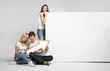 Handsome man with two girls and arrow
