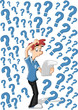 Confused cartoon man surrounded by question marks