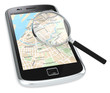 Search.Black Smartphone with a GPS map and a Magnifying Glass.