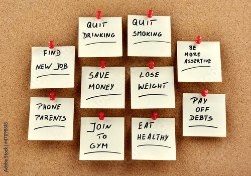 Photo: New Year's resolutions on memo cards New Year's resolutions on memo cards