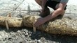 Worker Pounding in Stakes in Sun