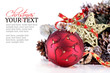 Christmas ornament with red ribbon, pine cones and star