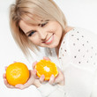 beautiful young and healthy women with yellow tangerines