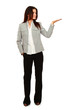 A full length portrait business woman shows something