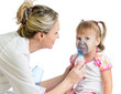 Doctor holding inhaler mask for kid breathing, hospital