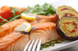 dish of roasted salmon with sweet potatoes