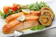 dish of roasted salmon with sweet potatoes