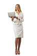 Attractive businesswoman with laptop on white