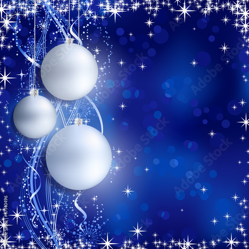 Vector: Silver blue Christmas background with hanging baubles Silver blue Christmas background with hanging baubles