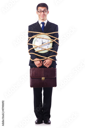 Photo: Businessman tied up with rope on white Businessman tied up with rope on white