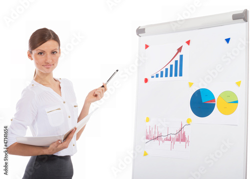 Photo: Cheerful office lady at a presentation, white background Cheerful office lady at a presentation, white background