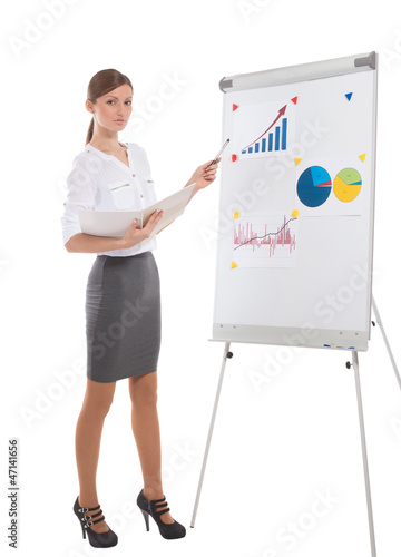 Photo: Office lady during business presentation, white background Office lady during business presentation, white background