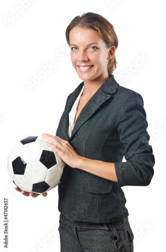 Photo: Businesswoman with football on white Businesswoman with football on white