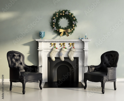 Illustration: Elegant luxury contemporary living room with fireplace Elegant luxury contemporary living room with fireplace
