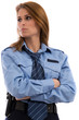 Beautiful lady in a uniform of police officer on a white backgro