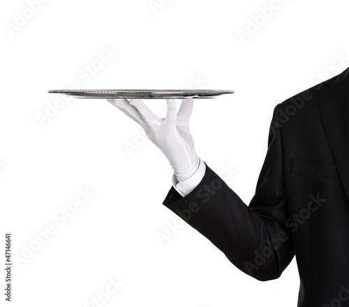 Photo: Waiter holding empty silver tray isolated on white background Waiter holding empty silver tray isolated on white background