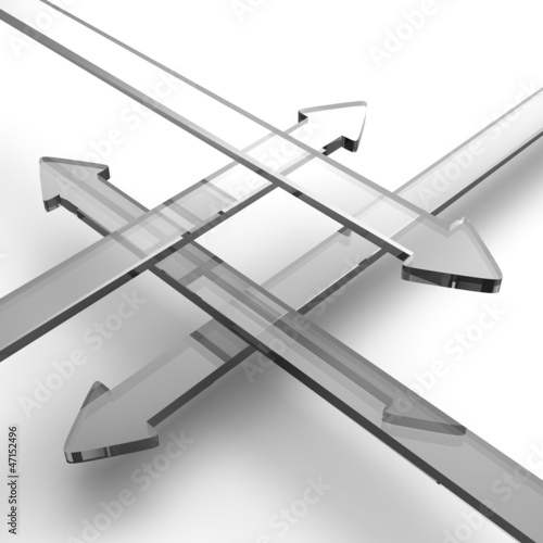 Illustration: Transparente 3D Pfeile aus Glas in vier Richtungen 3 Transparente 3D Pfeile aus Glas in vier Richtungen 3