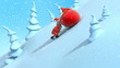 Santa Claus drags bag with gifts.