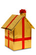 New home wrapped in gold paper with ribbon and bow