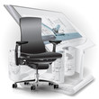 Part of office interior with a chair and architectural drawings
