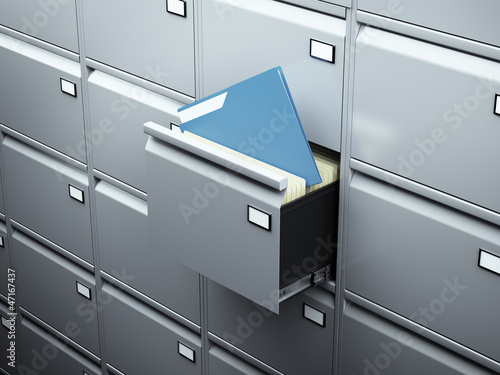 Illustration: File cabinet with blue document File cabinet with blue document