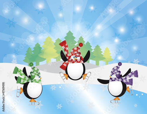 Vector: Three Penguins Ice Skating in Winter Scene Illustration Three Penguins Ice Skating in Winter Scene Illustration