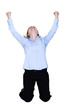 Woman raised hands in delight