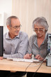 Elderly couple learning computer skills