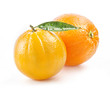Ripe orange fruit with leaf and water drops isolated on white
