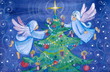 Illustration: Angels decorating Christams tree.Watercolors Angels decorating Christams tree.Watercolors