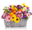 beautiful bouquet of bright flowers in basket isolated on white