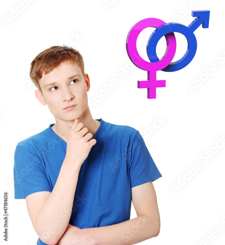 Photo: Young man thinking about heterosexual relationship Young man thinking about heterosexual relationship