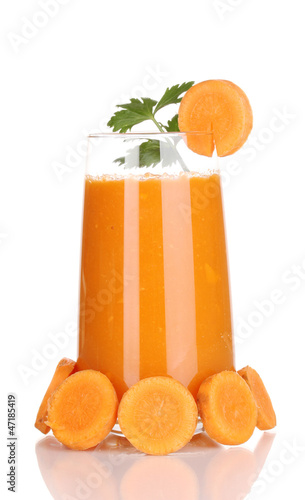 Photo: Glass of carrot juice and fresh carrots isolated on white Glass of carrot juice and fresh carrots isolated on white