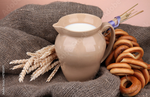 Photo: jar of milk, tasty bagels and spikelets jar of milk, tasty bagels and spikelets