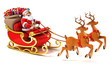 santa claus with sledge, deers and Christmas presents