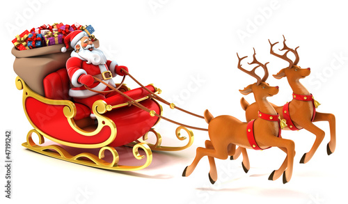 Illustration: santa claus with sledge, deers and Christmas presents santa claus with sledge, deers and Christmas presents
