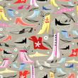 Seamless colorful pattern of different shoes