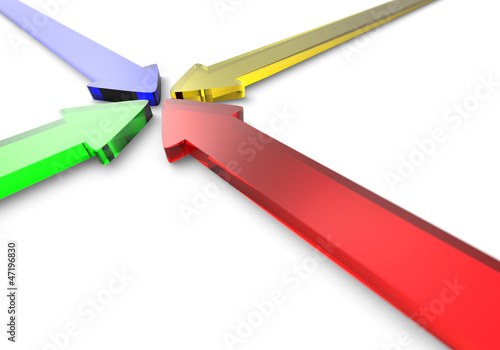 Illustration: Vier bunte 3D Pfeile aus Glas zur Mitte 2 Vier bunte 3D Pfeile aus Glas zur Mitte 2