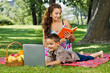 Mother reading a  book in park