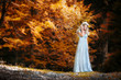 Lovely young lady wearing elegant white dress in the woods