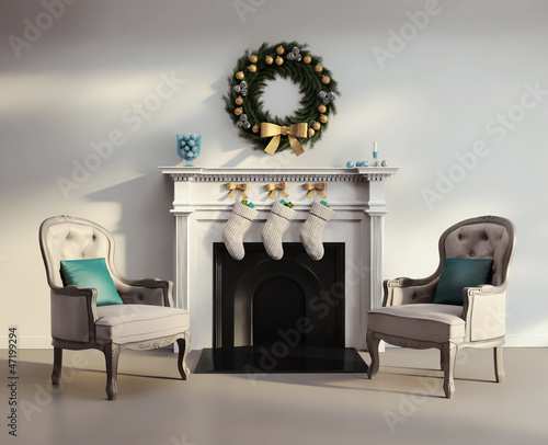 Illustration: Elegant luxury contemporary living room with white fireplace Elegant luxury contemporary living room with white fireplace