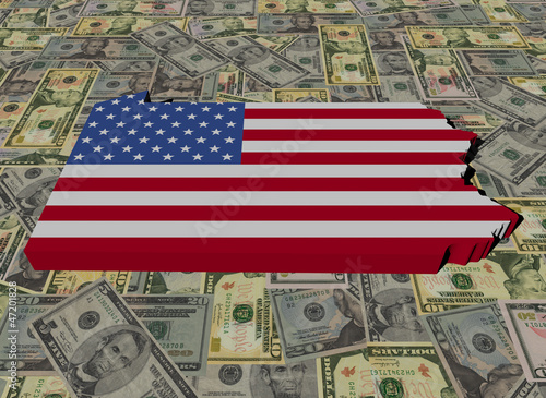 Illustration: Pennsylvania Map flag on American dollars illustration Pennsylvania Map flag on American dollars illustration