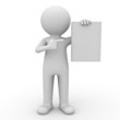 3d man showing blank book and pointing finger at it