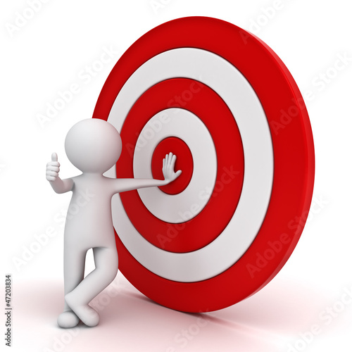 Illustration: 3d man showing thumb up with red target over white 3d man showing thumb up with red target over white